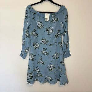 H&M Floral Blue Off-Shoulder Minidress with Long Sleeves Size 14
